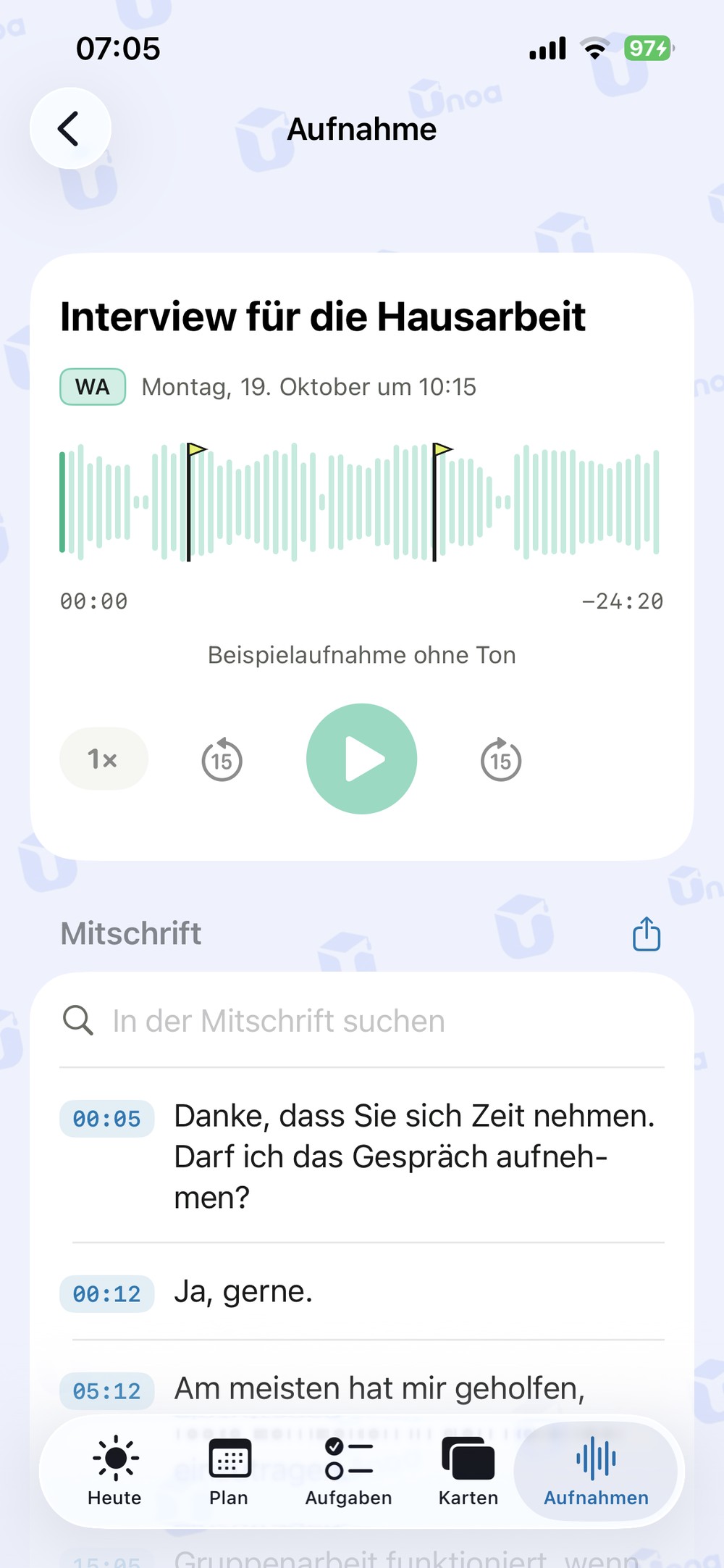 Aufnahme mit drei Klausur-Hinweisen auf der Wellenform