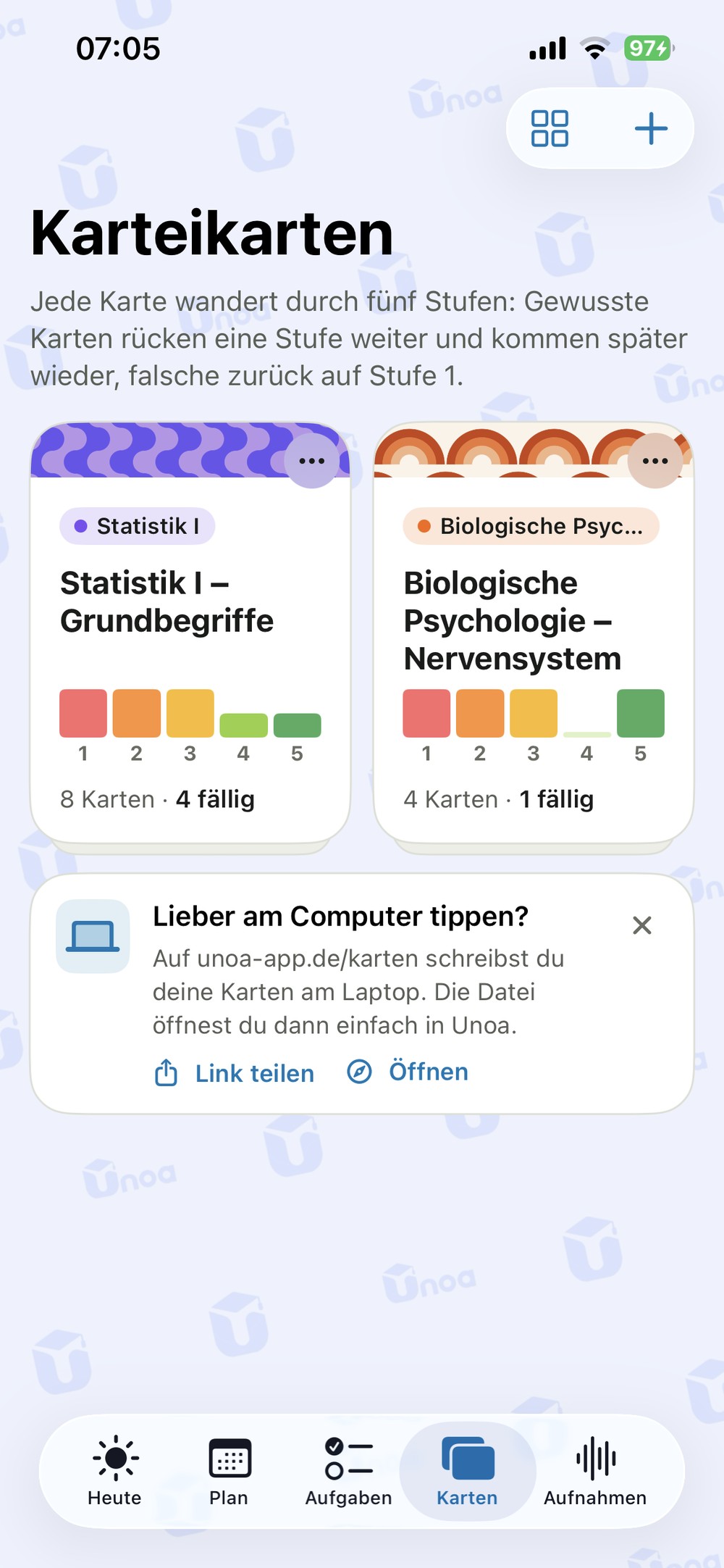 Karteikasten mit fünf Stufen