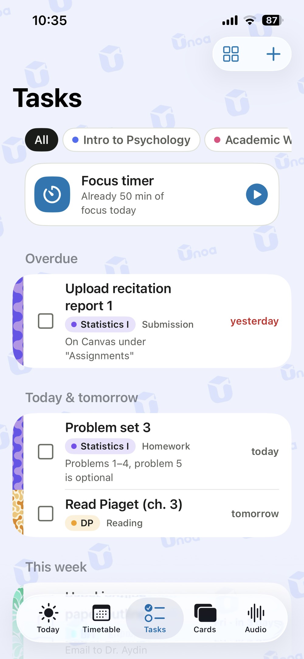 Homework list sorted by due date