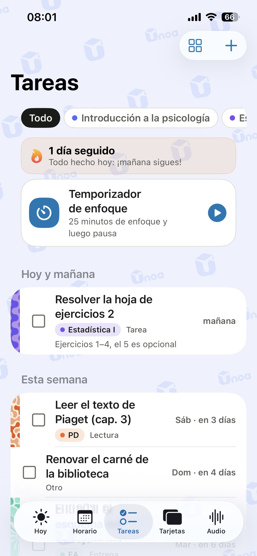 Deberes ordenados por fecha de entrega