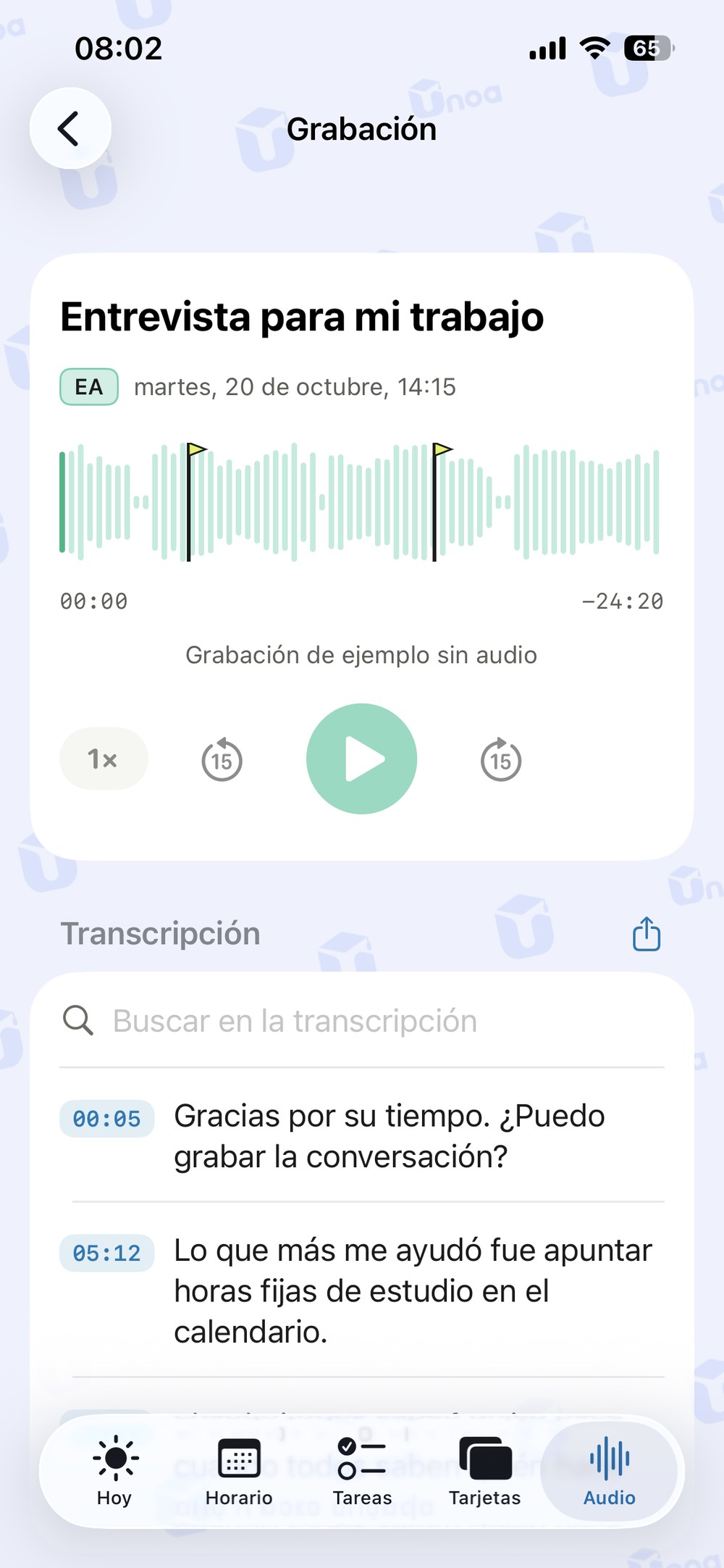 Grabación con tres marcas de examen en la onda