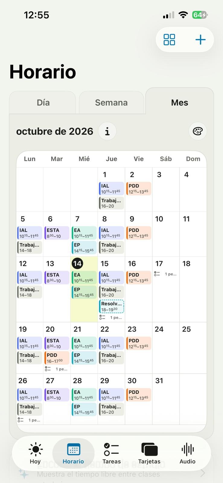 Vista mensual con todas las clases y horas