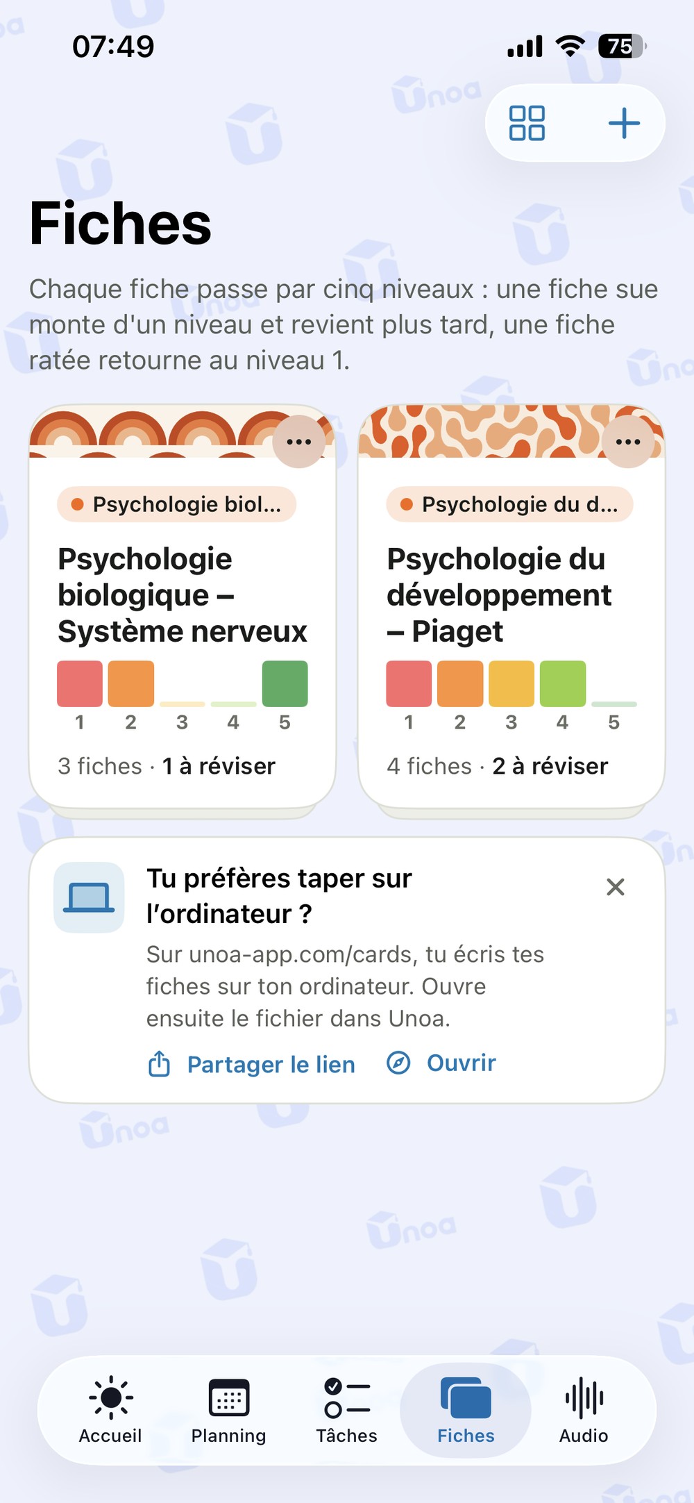 Boîte à fiches à cinq niveaux