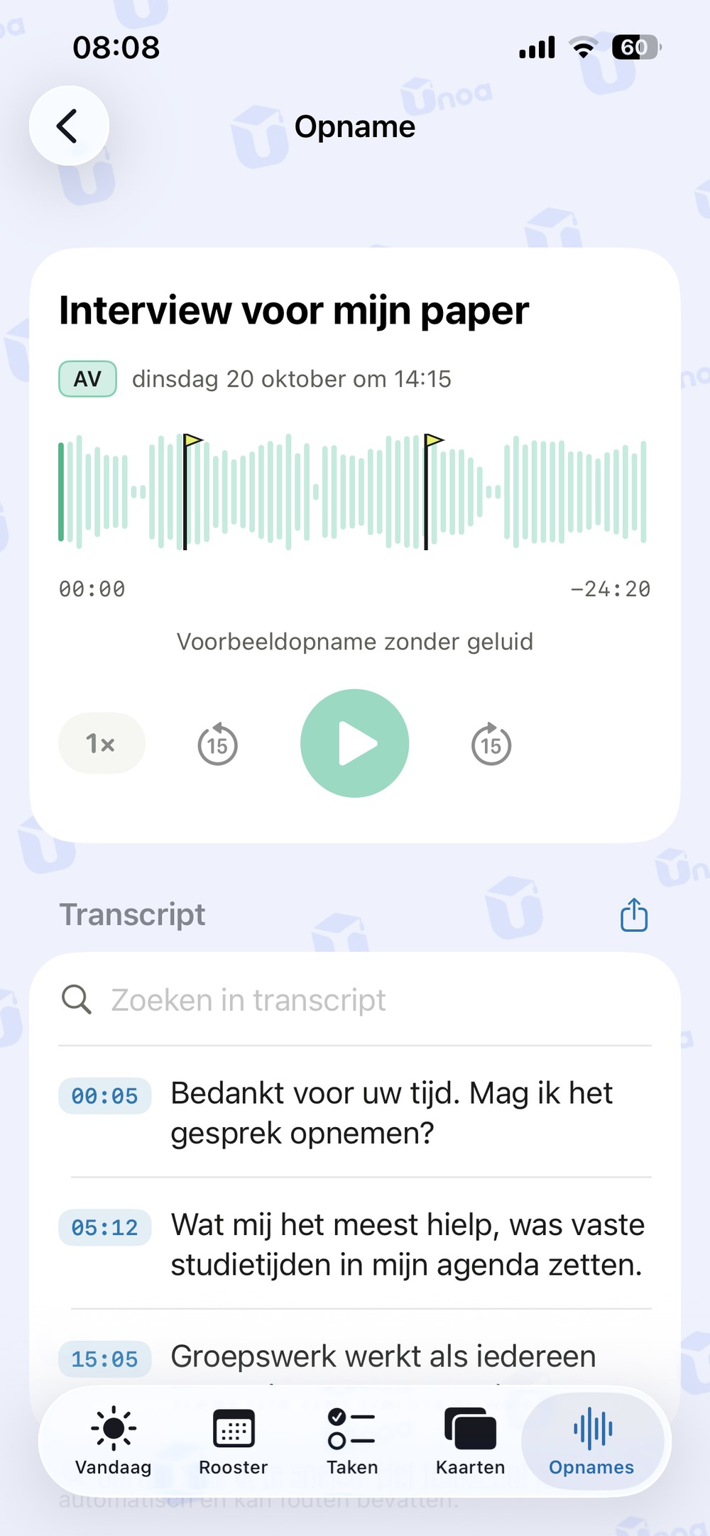 Opname met drie tentamenmarkeringen op de golfvorm