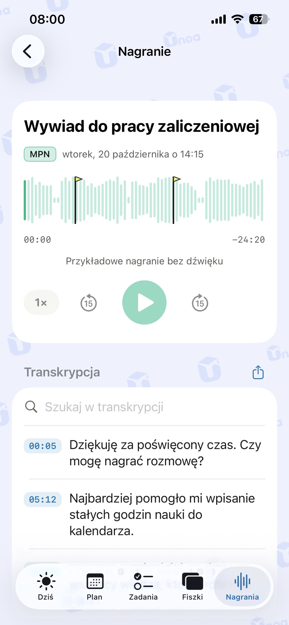 Nagranie z trzema znacznikami egzaminu na wykresie