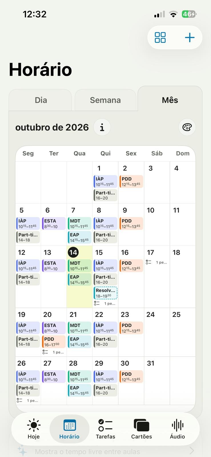 Vista mensal com todas as aulas e horas