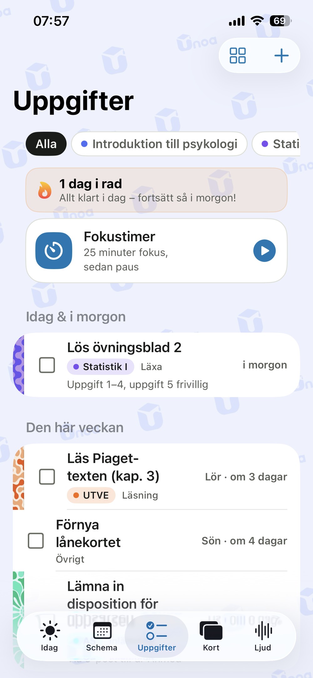 Läxlista sorterad efter inlämningsdatum