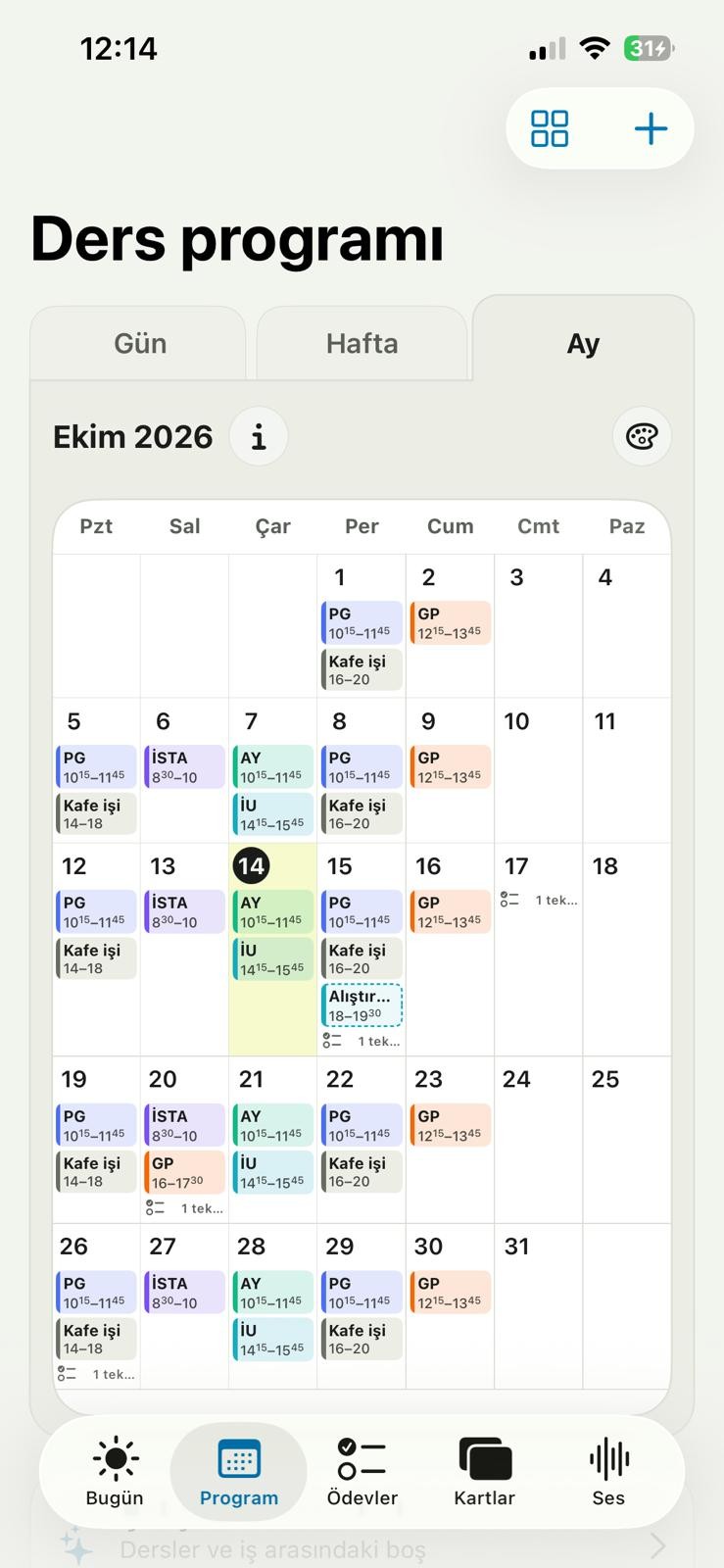 Tüm oturumlar ve saatlerle ay görünümü